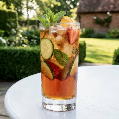 Pimm's Cup cocktail garnished with cucumber, mint, and citrus slices in a highball glass.